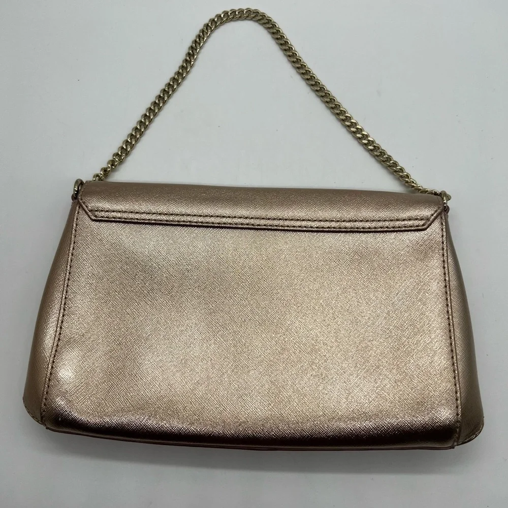 KATE SPADE ROSE GOLD METALLIC LEATHER HANDBAG WITH GOLD CHAIN STRAP